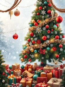 Colorful Holiday Decorations and Gift Wrap – free AI stock image