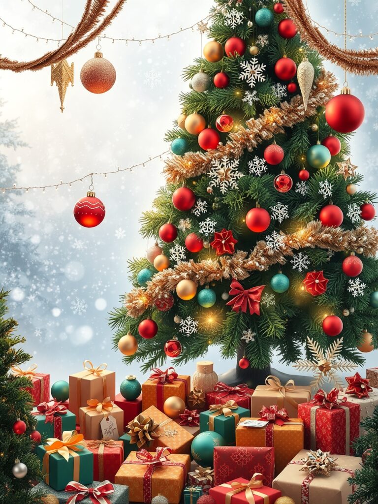 Colorful Holiday Decorations and Gift Wrap – free AI stock image