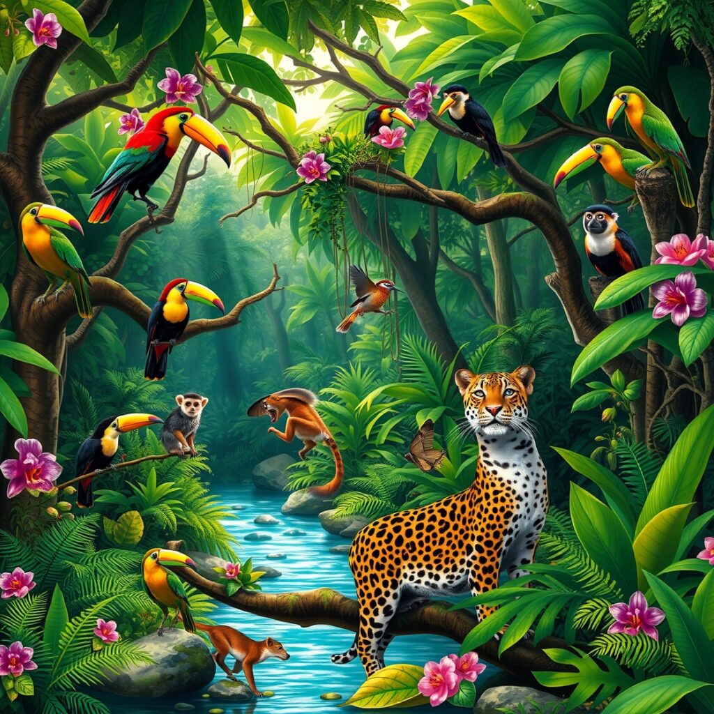 Colorful Jungle Animals Amidst Lush Greenery – free AI stock image