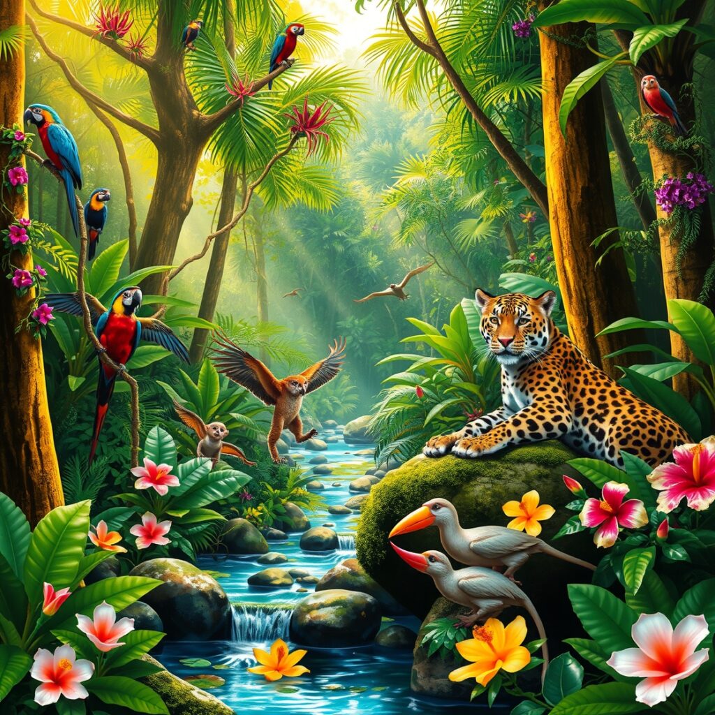 Colorful Jungle Scene with Exotic Animals – free AI stock image