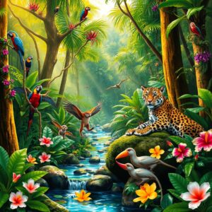 Colorful Jungle Scene with Exotic Animals – free AI stock image