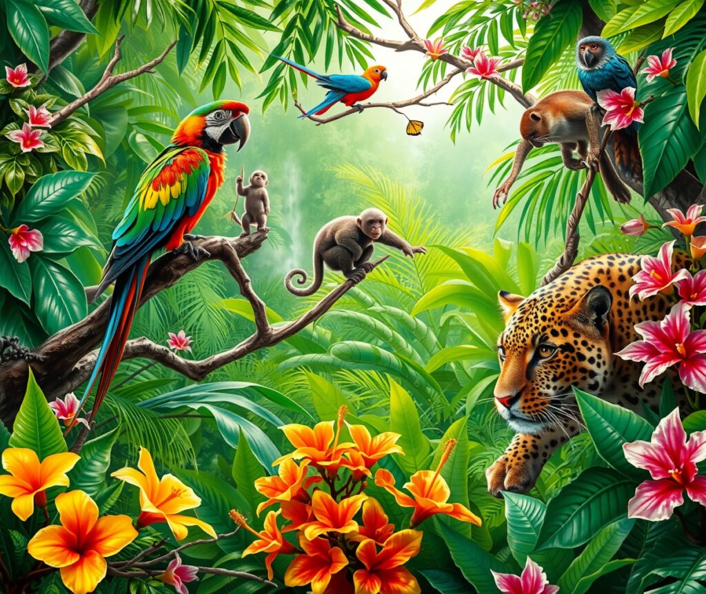 Colorful Jungle Scene with Exotic Animals – free AI stock image