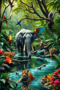 Colorful Jungle Scene with Exotic Animals – free AI stock image