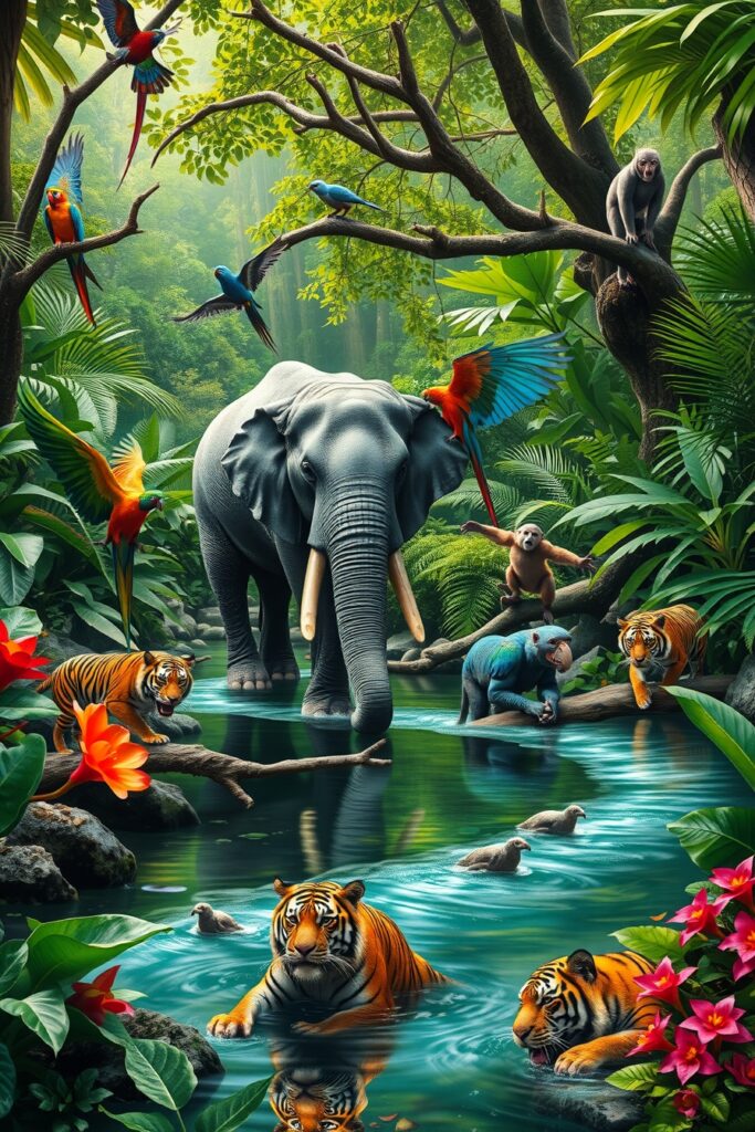 Colorful Jungle Scene with Exotic Animals – free AI stock image