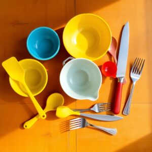 Colorful Kitchen Objects on a Wooden Table – free AI stock image