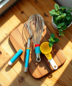 Colorful Kitchen Utensils on a Wooden Table – free AI stock image