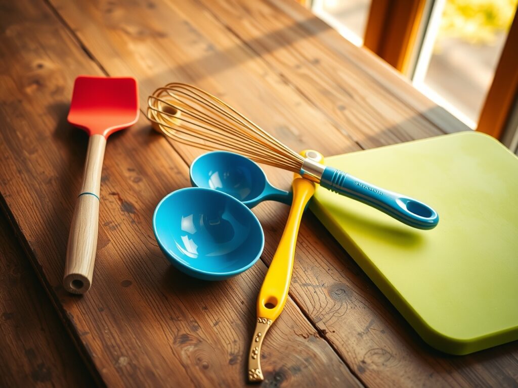 Colorful Kitchen Utensils on a Wooden Table – free AI stock image