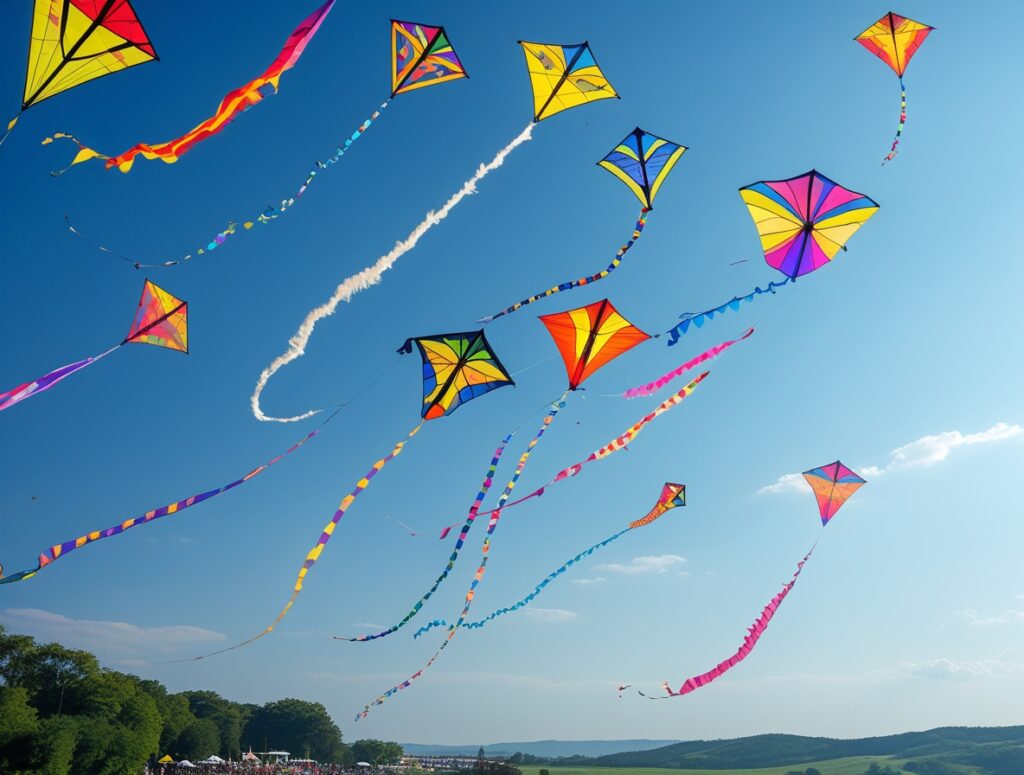 Colorful Kites Soaring Against Blue Skies – free AI stock image