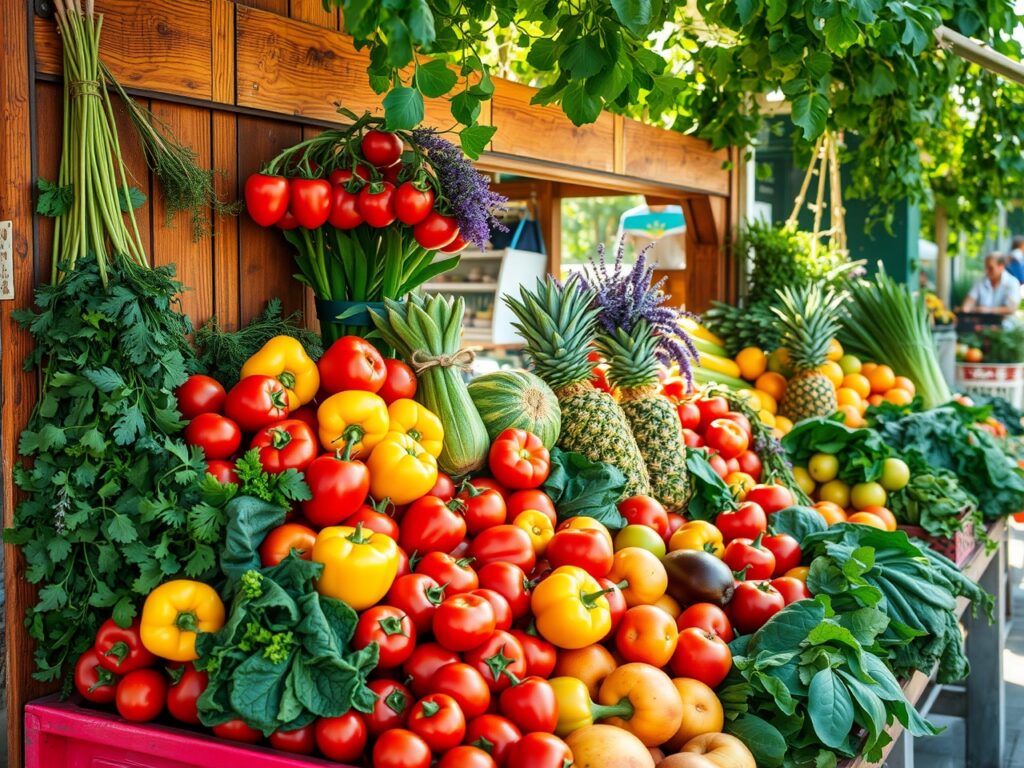 Colorful Market Stall Overflowing with Fresh Produce – free AI stock image