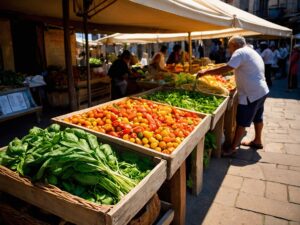 Colorful Market Stall with Fresh Vegetables – free AI stock image
