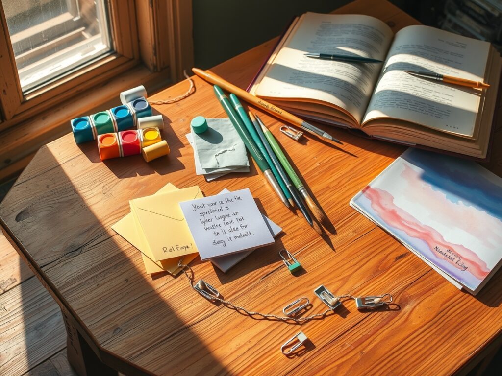 Colorful Object Arrangement on a Wooden Table – free AI stock image