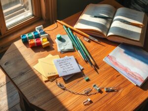 Colorful Object Arrangement on a Wooden Table – free AI stock image