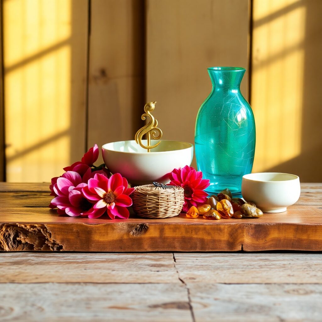 Colorful Objects on a Wooden Table – free AI stock image