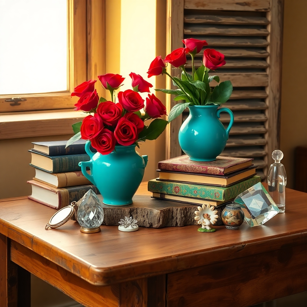 Colorful Objects on a Wooden Table – free AI stock image
