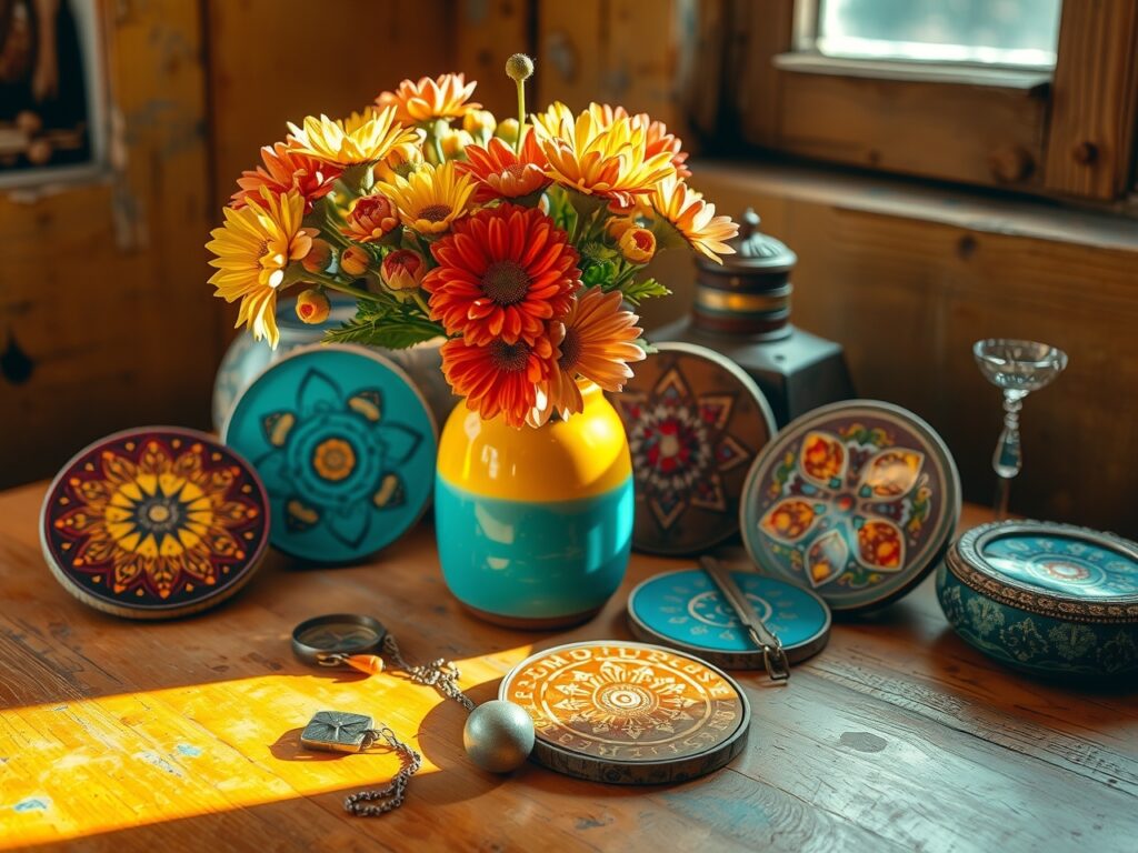 Colorful Objects on a Wooden Table – free AI stock image
