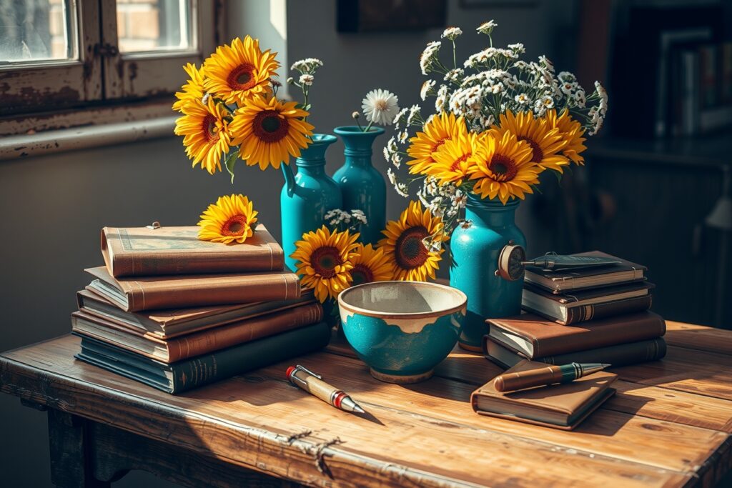 Colorful Objects on a Wooden Table – free AI stock image