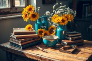 Colorful Objects on a Wooden Table – free AI stock image
