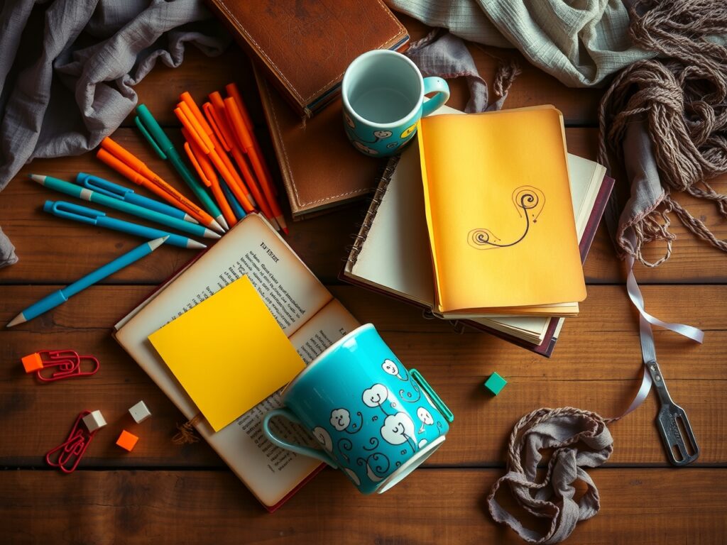 Colorful Objects on a Wooden Table – free AI stock image