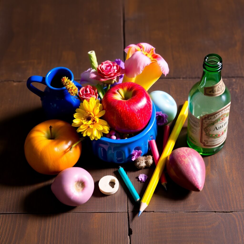 Colorful Objects on a Wooden Table – free AI stock image