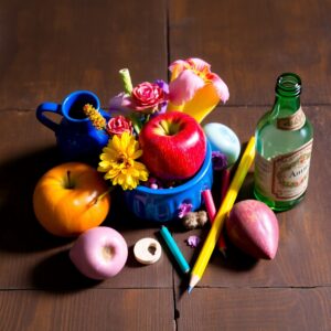 Colorful Objects on a Wooden Table – free AI stock image