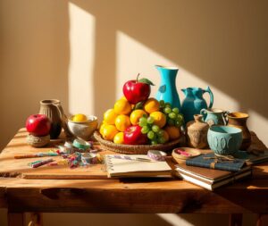 Colorful Objects on a Wooden Table – free AI stock image