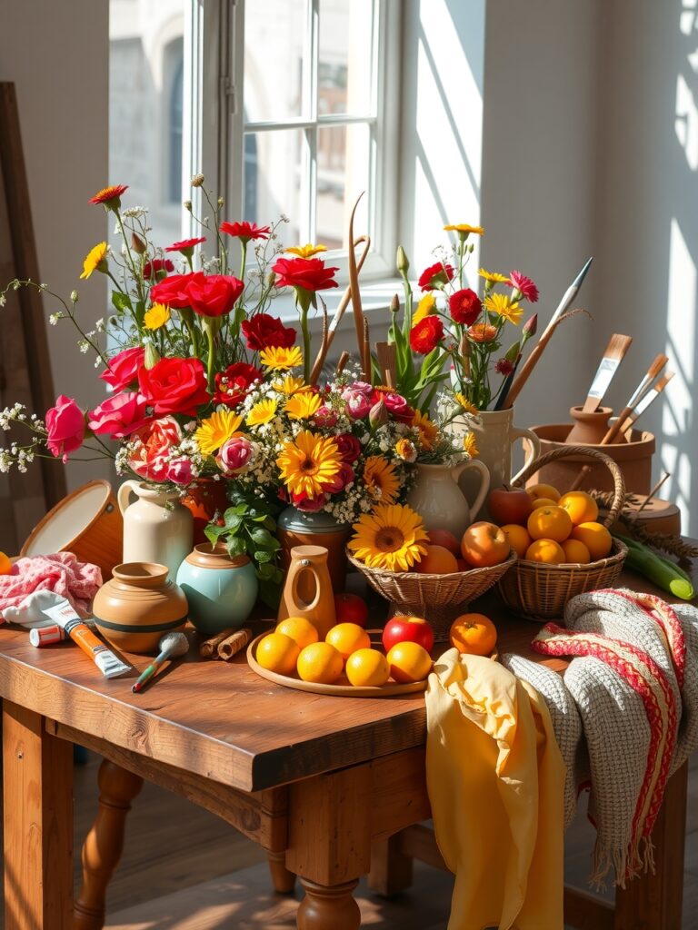 Colorful Objects on a Wooden Table – free AI stock image