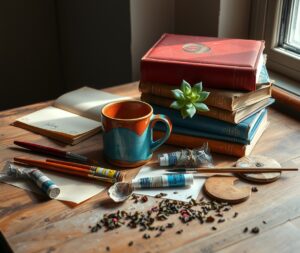 Colorful Objects on a Wooden Table – free AI stock image