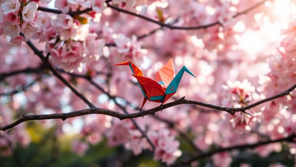 Colorful Origami Crane Among Blossoms – free AI stock image