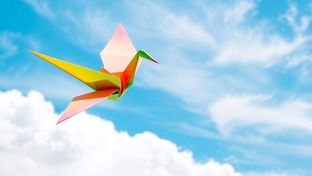 Colorful Origami Crane in Flight – free AI stock image