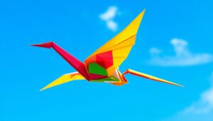 Colorful Origami Crane in Flight – free AI stock image