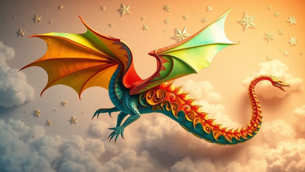 Colorful Origami Dragon in Flight – free AI stock image