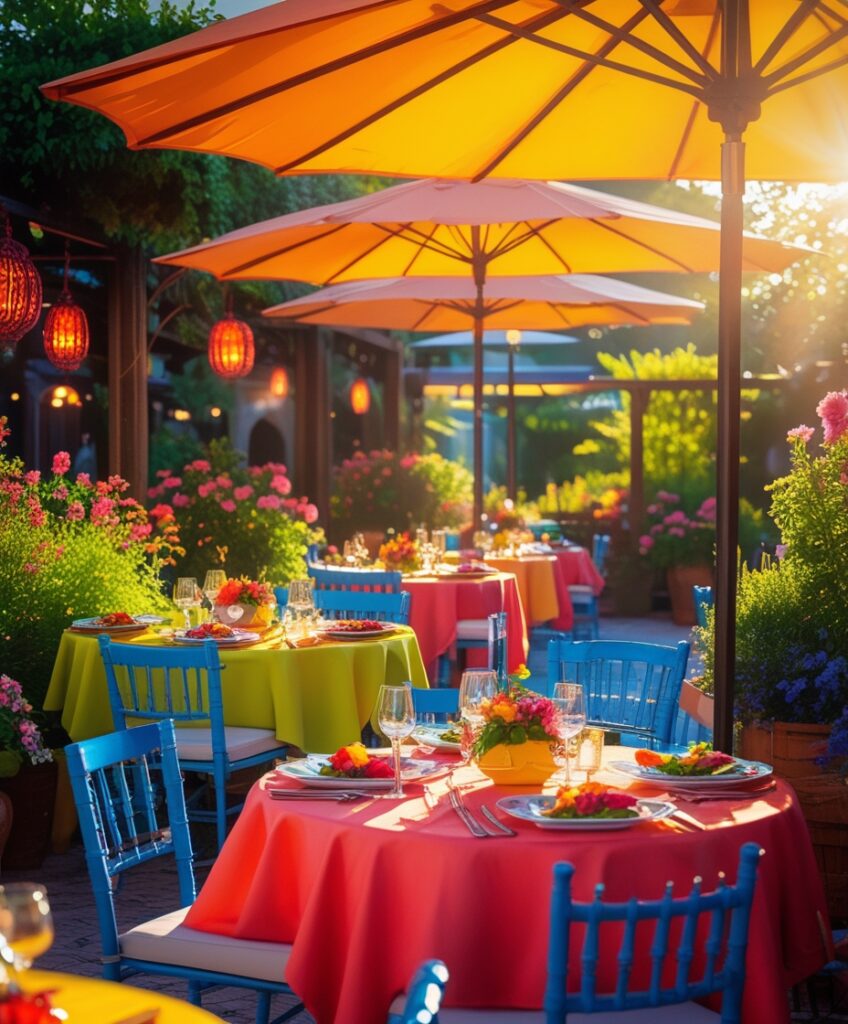 Colorful Outdoor Dining Space in Summer – free AI stock image