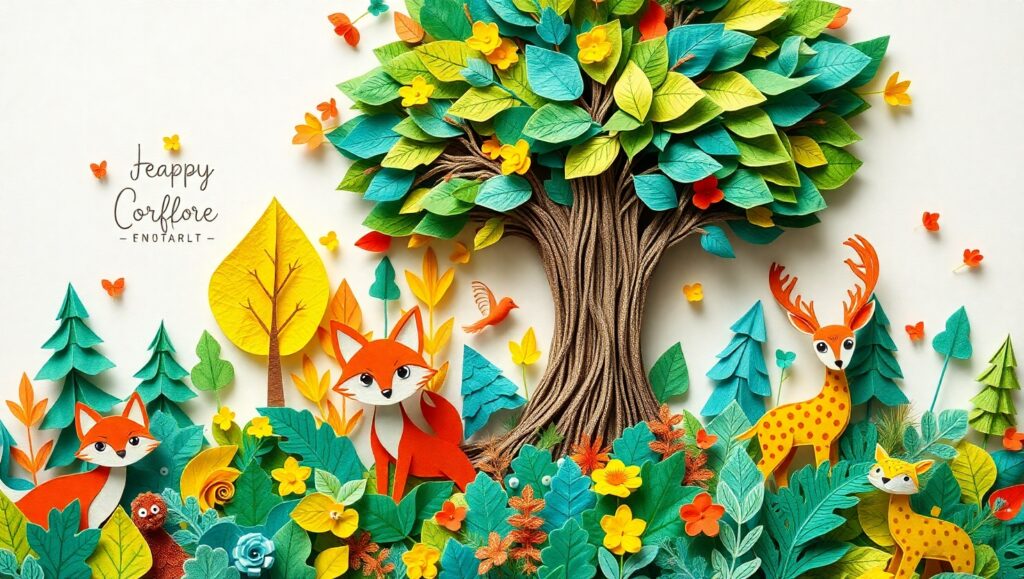 Colorful Papercraft Forest Adventure – free AI stock image