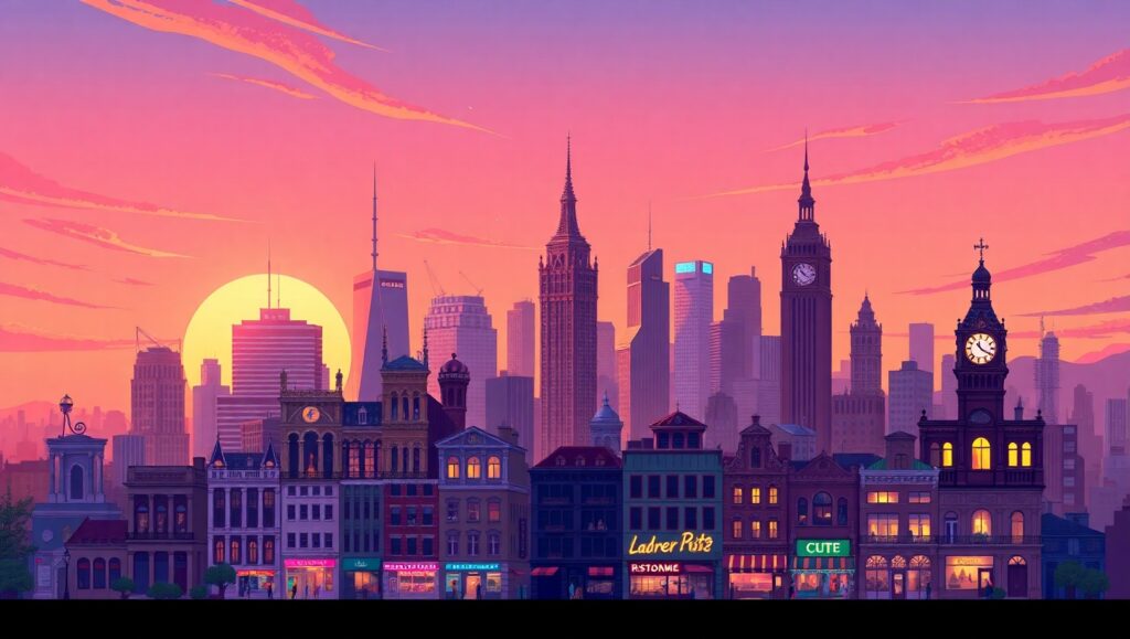 Colorful Pixel Art City Skyline – free AI stock image