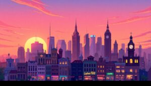 Colorful Pixel Art City Skyline – free AI stock image