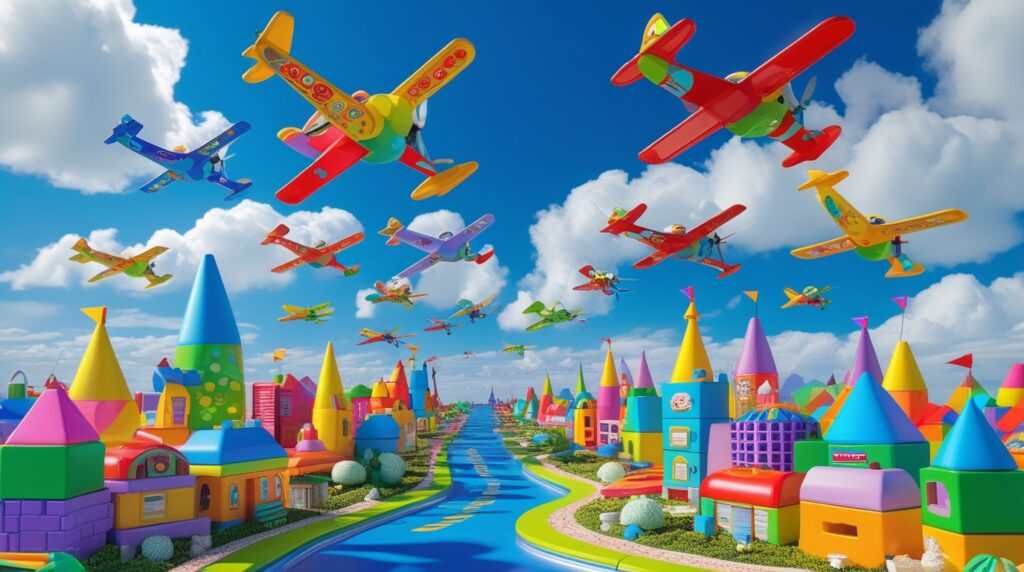 Colorful Planes Flying Over Toy City – free AI stock image
