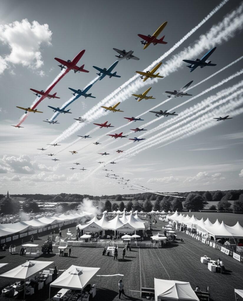 Colorful Planes Soaring Above Festival Grounds – free AI stock image