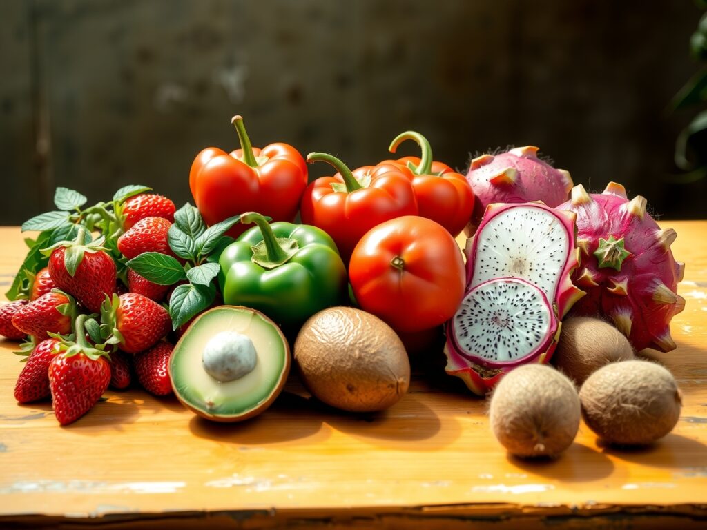 Colorful Spread of Fresh Fruits and Vegetables – free AI stock image