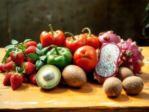 Colorful Spread of Fresh Fruits and Vegetables – free AI stock image