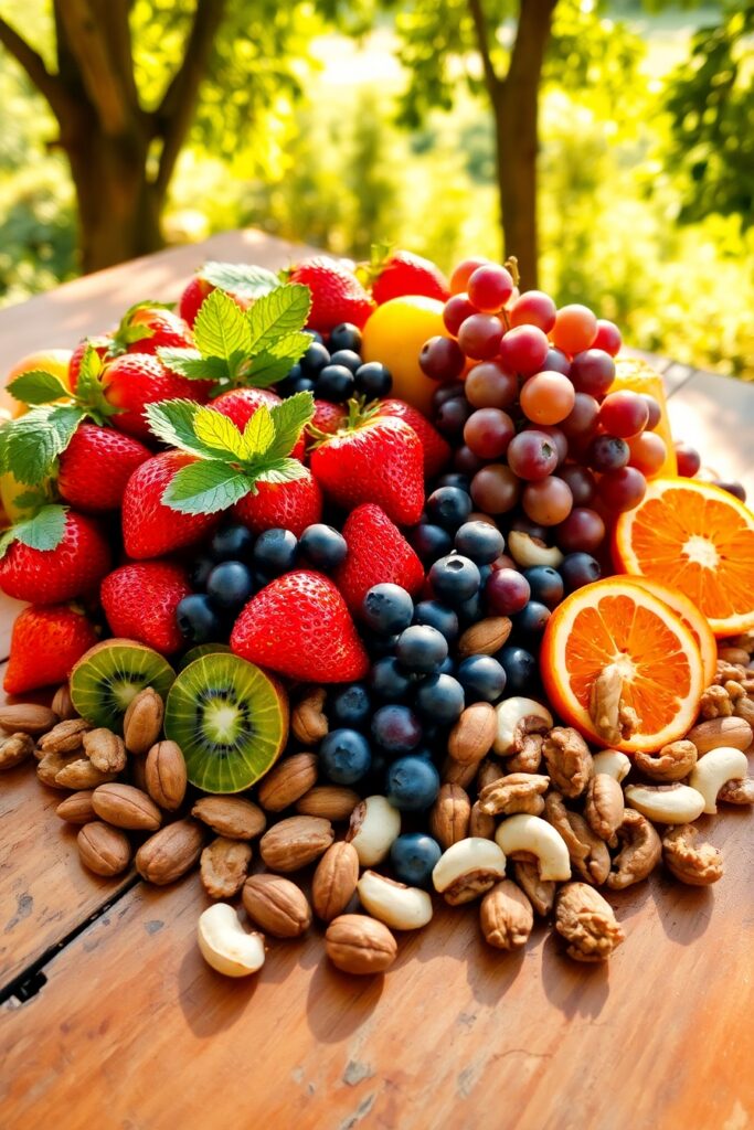Colorful Spread of Fresh Fruits and Nuts – free AI stock image