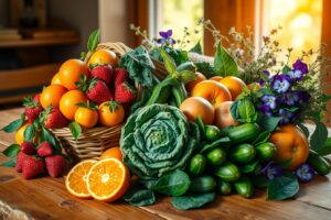 Colorful Spread of Fresh Fruits and Vegetables – free AI stock image