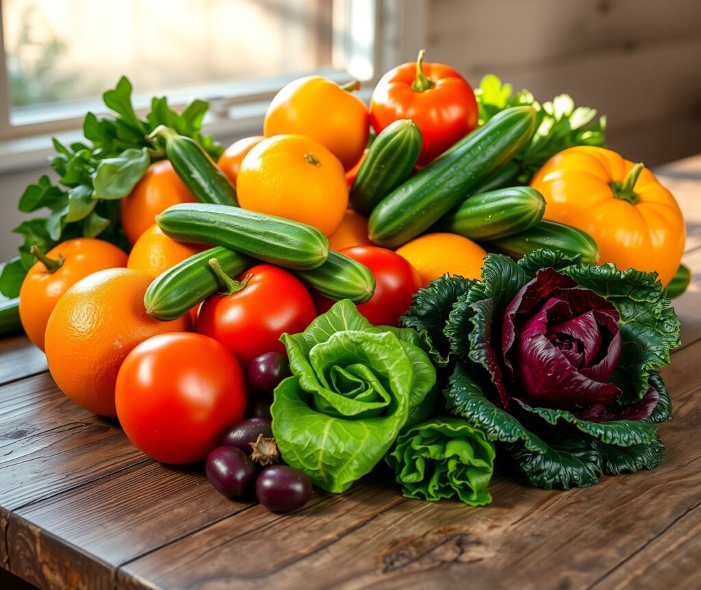 Colorful Spread of Fresh Fruits and Vegetables – free AI stock image