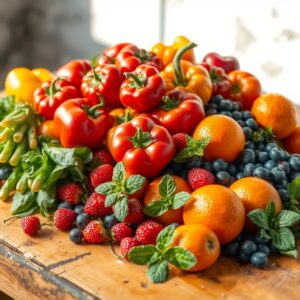 Colorful Spread of Fresh Fruits and Vegetables – free AI stock image