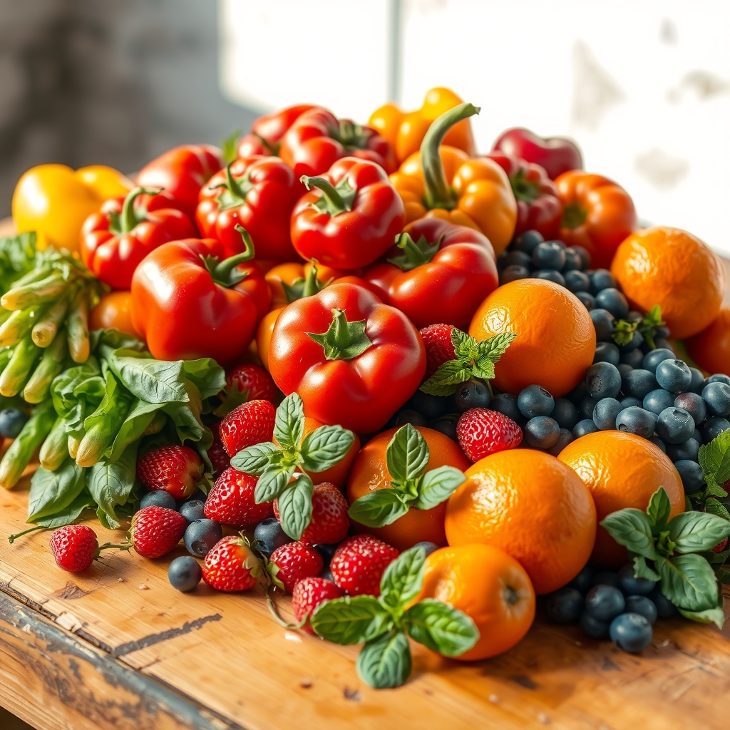 Colorful Spread of Fresh Fruits and Vegetables – free AI stock image