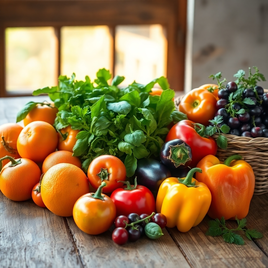 Colorful Spread of Fresh Fruits and Veggies – free AI stock image