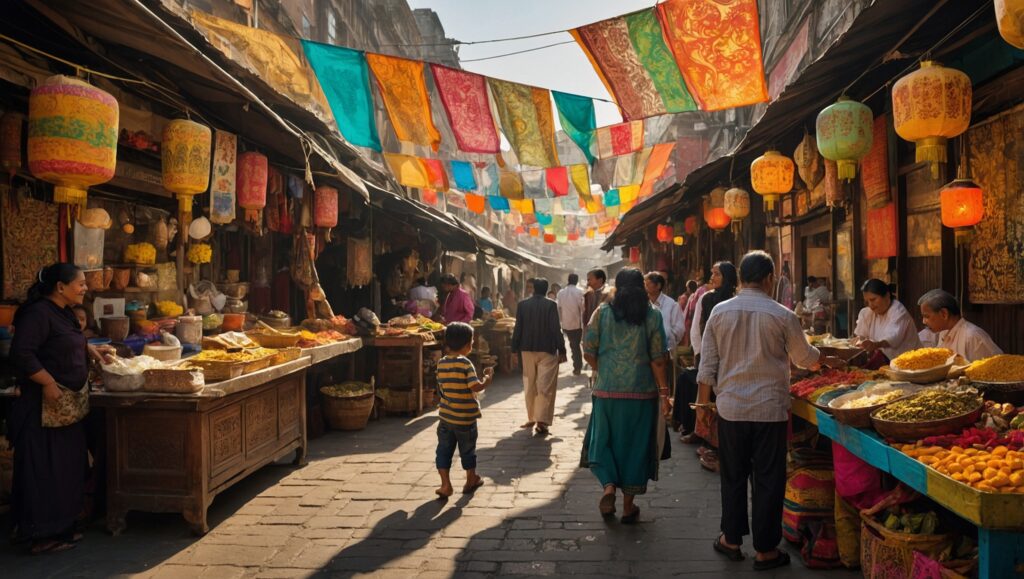 Colorful Street Market with Diverse People Interacting – free AI stock image