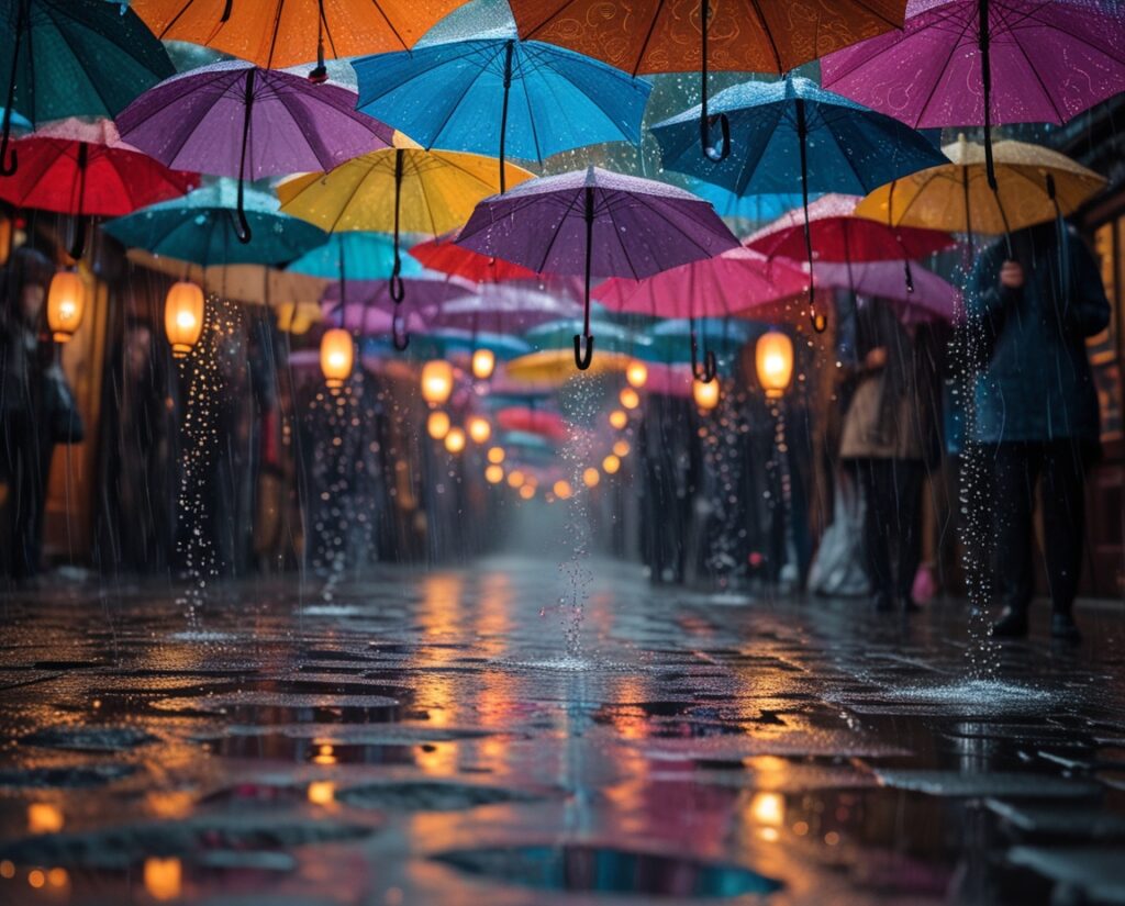 Colorful Umbrellas in a Rainy Celebration – free AI stock image