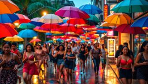 Colorful Umbrellas in Summer Rain – free AI stock image