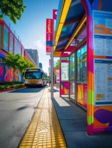 Colorful Urban Bus Stop Scene – free AI stock image