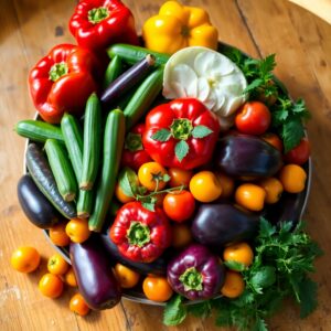 Colorful Vegetable Platter on Wooden Table – free AI stock image